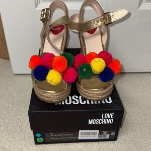 Love Moschino Gold Sandals with Vibrant Pom Poms